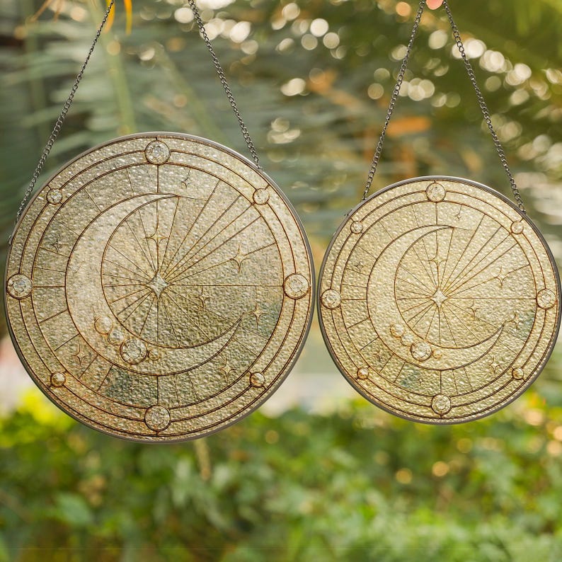 Crescent Moon Glass Suncatcher, Round Stained Glass Style Window Hanging, Celestial Starburst Sun Catcher, Minimal Moon Decor Gift image 6