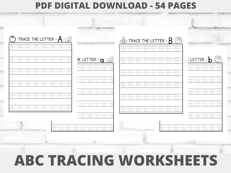 May include: Black and white printable tracing worksheets for learning the letters A and B. The worksheets feature a simple design with dotted lines for tracing the letters. The title of each worksheet includes the letter being traced and a small illustration.
