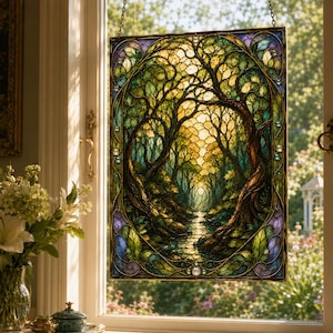 Mysterious Forest Glass Suncatcher, 7 x 9.5 Inch Rectangular Window Hanging, Enchanted Woodland Art, Moody Nature Decor