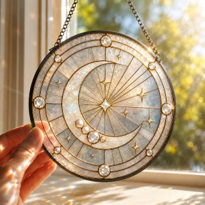 May include: A circular suncatcher featuring a crescent moon and star design with iridescent, textured glass panels held by a dark metal frame. The piece is accented with small clear crystals and pearls, suspended by a thin metal chain.