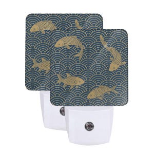 May include: Two white night lights with a decorative square face featuring a navy blue and gold fish pattern. The design includes stylized fish swimming over a wave pattern, creating a calming aesthetic.