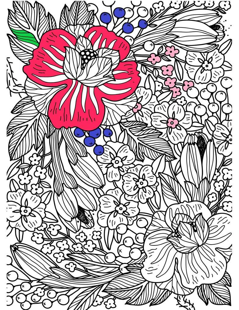 May include: A black and white line drawing of a floral bouquet with pink, red, and blue flowers. The flowers are surrounded by leaves and berries.