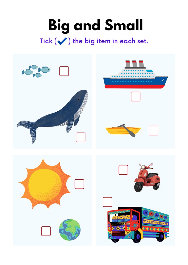 Toddler Activity Pages With Shapes, Big, Small, Tall, Short Worksheets ...