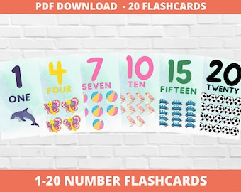 Tarjetas didácticas numéricas del 1 al 20, tarjetas didácticas imprimibles para preescolar de jardín de infantes para educación en el hogar o en el aula, tarjetas didácticas para aprender a contar