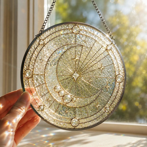 Crescent Moon Glass Suncatcher, Round Stained Glass Style Window Hanging, Celestial Starburst Sun Catcher, Minimal Moon Decor Gift