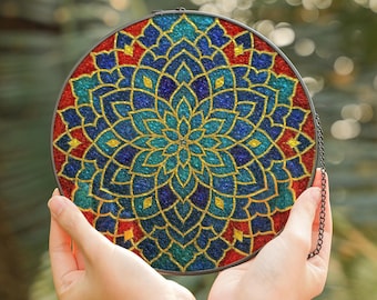 Mandala-glassolfångare, rund fönsterhängande i målat glasstil, färgglad geometrisk solfångare, bohemisk heminredningsgåva