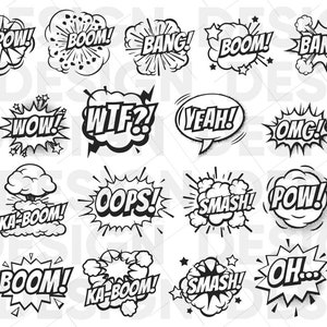 15+ ACTION SIGNS SVG Bundle, zap, bang, pow, boom, ouch, comic, pop, comic book, comic speech, omg, wtf, wow, yes, smash, ka boom, oops