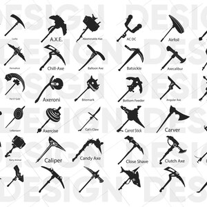 Puede incluir: Una ilustración en blanco y negro de 36 diseños de hachas diferentes. Cada hacha tiene un nombre único, como "Longhom", "Lucky", "A.X.E.", "Abominable Axe", "AC DC", "Airfoil", "Anarchy Axe", "Position", "Permafrost", "Chill-Axe", "Balloon Axe", "Batsickle", "Axecalibur", "Axcordion", "Autocleave", "Patty Whacker", "Pot Gold", "Axeroni", "Bitemark", "Bottom Feeder", "Angular Axe", "Lead Swinger", "Lollipop", "Axercise", "Cat's Claw", "Carrot Stick", "Carver", "Cutting Edge", "Oracle Axe", "Party Animal", "Caliper", "Candy Axe", "Close Shave", "Clutch Axe", "Dark Shard", y "Dracle Ave".