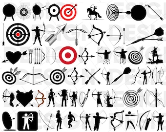 May include: A collection of black and white silhouette illustrations of archery equipment, including bows, arrows, targets, and archers. The illustrations are perfect for crafting projects, scrapbooking, or digital design.