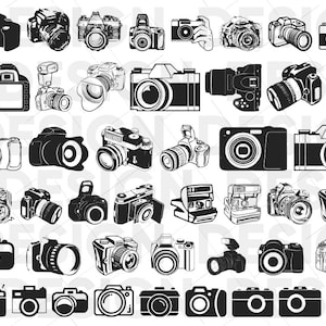 Pode incluir: Uma coleção de ilustrações de câmeras em preto e branco. As câmeras são de vários estilos e designs, incluindo vintage, modernos e digitais.