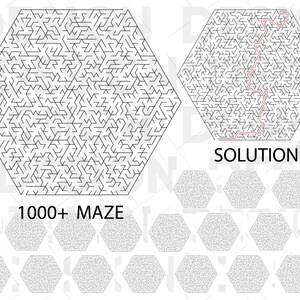 May include: A black and white hexagonal maze with a solution path highlighted in pink. The word "SOLUTION" is printed below the solved maze. The image also includes a row of smaller hexagonal mazes.