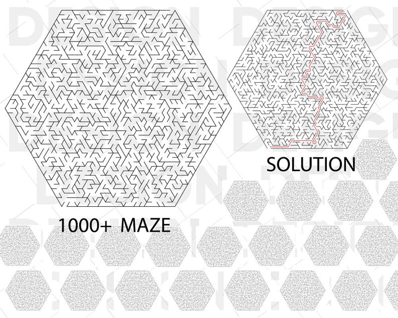May include: A black and white hexagonal maze with a solution path highlighted in pink. The word "SOLUTION" is printed below the solved maze. The image also includes a row of smaller hexagonal mazes.