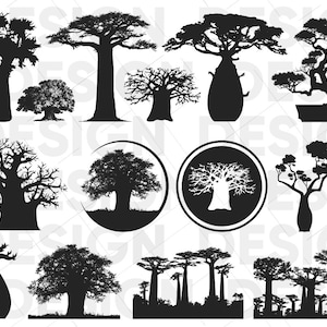 Puede incluir: Una colección de 10 imágenes en silueta en blanco y negro de varios árboles. Los árboles incluyen baobabs, bonsáis y otros tipos de árboles. Las imágenes son perfectas para usar en manualidades, scrapbooking o diseño digital.