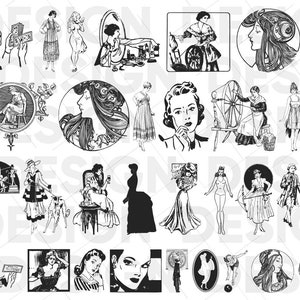 30+ VINTAGE WOMAN SVG Bundle, Retro Pop Art png, Frauen Illustrationen Clip Art, Frauen Zeichnung, Umriss detailreich Line Art 1950er Jahre, Retro Frau