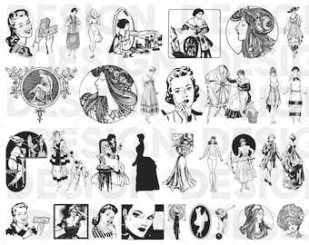 ヴィンテージ女性 svg、レトロ ポップ アート png バンドル、8 人の