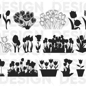 15+ TULP BLOEM SVG Bundel, bloemen, narcis, iris, krokus, lente, tulpen set, grasbloem, natuurtuin, plant groen, tuinplant