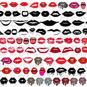 以下が含まれることがあります： 赤、黒、ピンク、白など、さまざまな色で60種類の唇のデザインを集めました。唇は、シンプルなアウトライン、塗りつぶされた唇、垂れたペイント効果のある唇など、さまざまなスタイルです。一部の唇には、ヒョウ柄などのアニマルプリントパターンがあります。