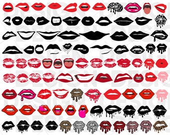 May include: A collection of 60 different lip designs in various colors, including red, black, pink, and white. The lips are in various styles, including simple outlines, filled-in lips, and lips with dripping paint effects. Some lips have animal print patterns, such as leopard print.