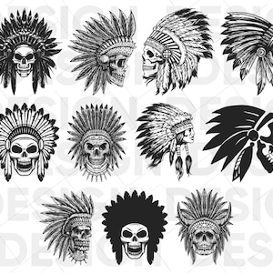 May include: A set of 10 black and white vector illustrations of Native American headdresses with skulls. The headdresses are adorned with feathers and beads. The skulls are stylized and have a tribal look.