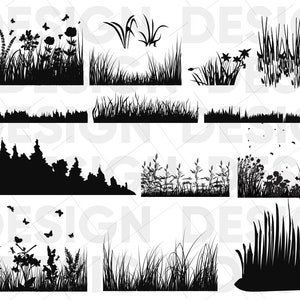 May include: A set of ten black and white silhouette images of various grass and foliage designs. The images are ideal for use in digital scrapbooking, card making, and other craft projects.