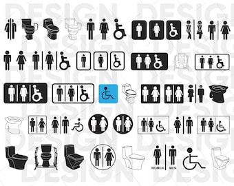 May include: A collection of black and white restroom icons, including male, female, wheelchair accessible, and toilet symbols. Some icons are in a square shape, while others are circular. The icons are arranged in a grid pattern.