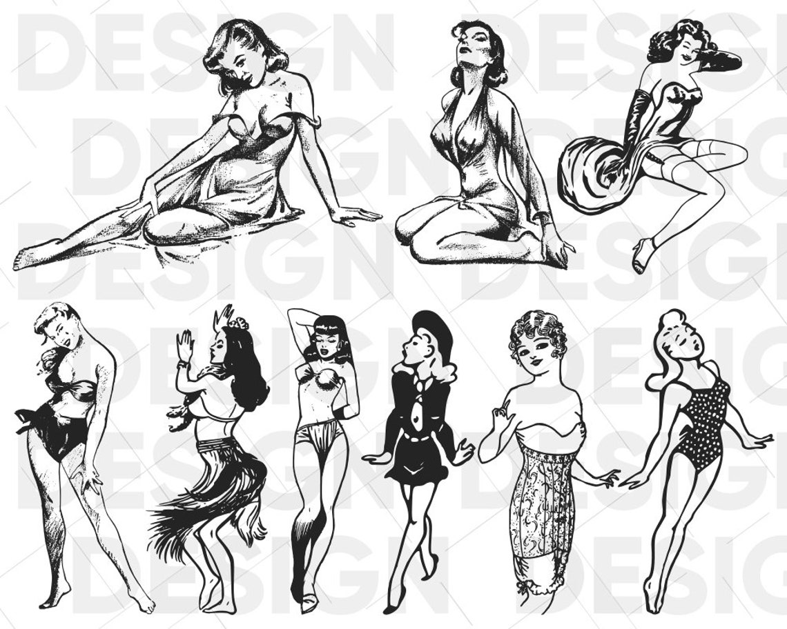 9 PINUP GIRLS SVG Bundle, Retro Woman Svg, Vintage Poster Woman Png