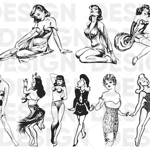 May include: A set of nine black and white illustrations of women in various poses. The women are wearing different outfits, including dresses, swimsuits, and lingerie.