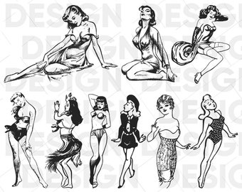 May include: A set of nine black and white illustrations of women in various poses. The women are wearing different outfits, including dresses, swimsuits, and lingerie.