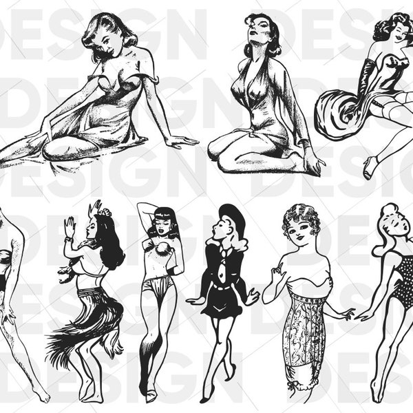 9+ PINUP GIRLS SVG Bundle, Retro woman svg, vintage poster woman png, girl svg, female, sexy lady, women, cricut, silhouette