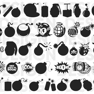 Puede incluir: Una colección de ilustraciones de bombas negras en varias formas y estilos. Algunas bombas tienen mechas encendidas, mientras que otras presentan diseños de dibujos animados, gráficos de calaveras y la palabra "BOOM" en bocadillos. Un conjunto diverso de gráficos con temática explosiva.