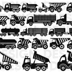 May include: A set of 14 black and white silhouette illustrations of dump trucks. The trucks are in various positions, some with their beds raised and some with their beds lowered. The illustrations are simple and clean, and they would be perfect for use in a variety of projects.