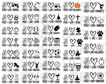 30+ PEACE LOVE SVG Bundle, peace sign svg, peace love png, peace hand svg, hand drawn heart svg, valentine svg, peace love dogs svg