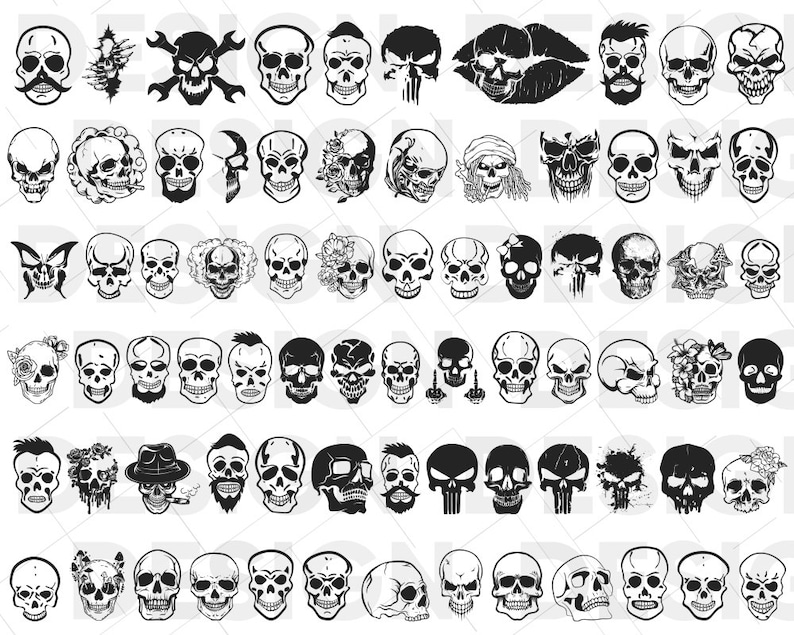 May include: A collection of 100 black and white skull illustrations. The skulls are in various styles, including cartoon, realistic, and stylized. Some skulls have additional details, such as flowers, hats, and other accessories.