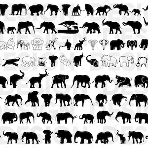 May include: A collection of black silhouette images of elephants in various poses and sizes. The images are arranged in rows and columns, with some elephants facing forward, some facing sideways, and some facing backward. Some elephants are standing, some are walking, and some are lying down. Some elephants have their trunks raised, some have their trunks lowered, and some have their trunks curled up. Some elephants have their ears spread out, some have their ears folded down, and some have their ears partially folded down. Some elephants have their tails raised, some have their tails lowered, and some have their tails curled up.