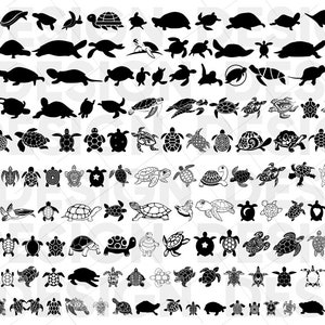 May include: A large collection of black and white turtle silhouettes in various poses. The turtles are arranged in rows, with some facing left, some facing right, and some facing forward. The silhouettes are all detailed and realistic.