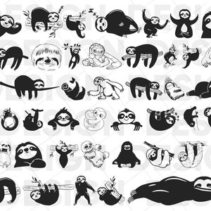 May include: A collection of black and white sloth illustrations in various poses, including sleeping, hanging, and sitting. The sloths are depicted in a simple, cartoon style.