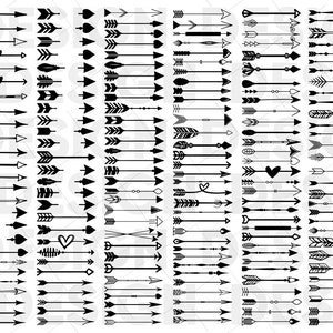 Op de afbeelding: Een set van 100 zwart-witte pijlgrafieken. De pijlen zijn in verschillende stijlen, waaronder eenvoudig, versierd en geometrisch. Ze zijn perfect voor gebruik in digitale of gedrukte projecten.