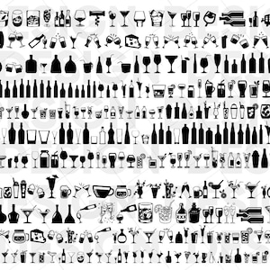 May include: A selection of black and white illustrations depicting bar and beverage items. The image features silhouettes of wine glasses, cocktail glasses, bottles, barrels, and other bar-related objects. The illustrations are arranged in rows and columns.