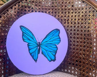 Pintura original de borboleta azul – acrílico redondo sobre tela (30 cm)