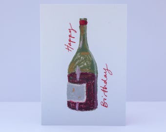 Cartão de aniversário ilustrado com garrafa de vinho - Desenho à mão em pastel oleoso - Tamanho A6