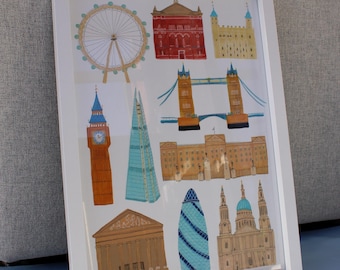 Coleção de Pontos Turísticos de Londres - Impressão artística ilustrada A3 em papel reciclado
