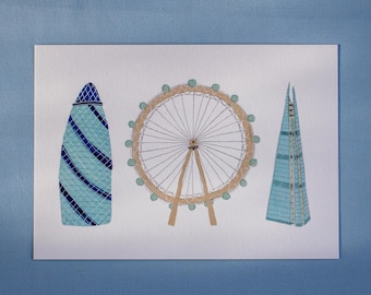 Impresión artística A5 del Londres moderno / Gouache ilustrado con monumentos contemporáneos de Londres