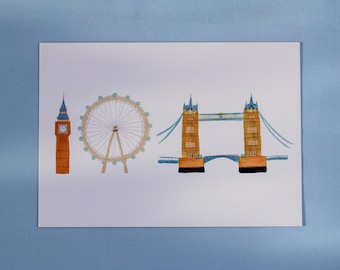 Impresión artística A5 del icónico Londres / Monumentos londinenses ilustrados con gouache