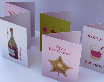 Conjunto de 5 cartões de aniversário - Cartões ilustrados com pastel a óleo - A6