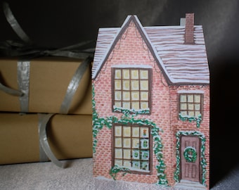 Winter House Christmas Card – A6 Gouache Art  Holiday Card on Recycled Paper with Envelope