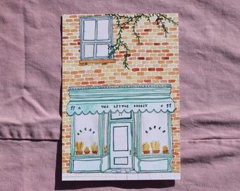 Impressão artística de fachada de padaria: ilustração em aquarela A5 em papel reciclado