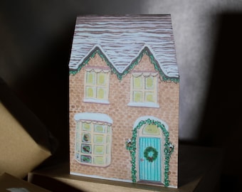 Winter House Christmas Card – A6 Gouache Art Eco Friendly Holiday Card with Envelope