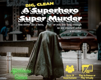 UN GRAN Y LIMPIO Superhero Super Murder, juego de fiesta Murder Mystery, 3-24 jugadores + 1 anfitrión, IRL, Virtual/Zoom-Friendly