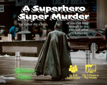 Un juego de fiesta CLEAN Superhero Super Murder, Murder Mystery, 3-20 jugadores + 1 anfitrión, IRL, virtual/Zoom-Friendly