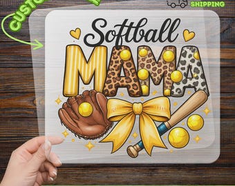 Softball Mama DTF Transfer, Ready To Press Leopard Print Baseball Mom Heat Transfer, Game Day Glitter Sublimation Design